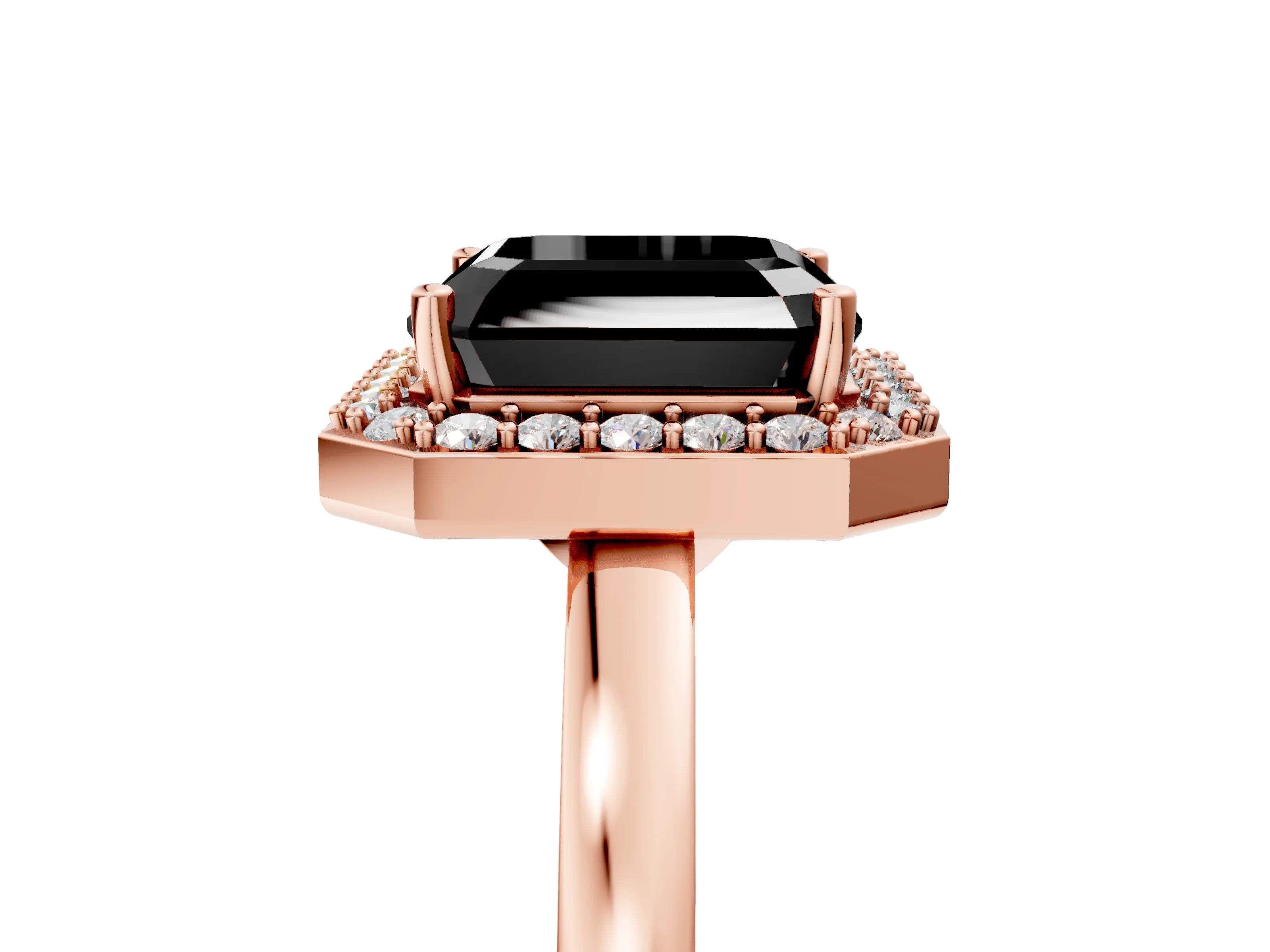 Rose gold Fancy Black Asscher Cut Halo Diamond Ring with Solitaire Band and Prong Setting_5