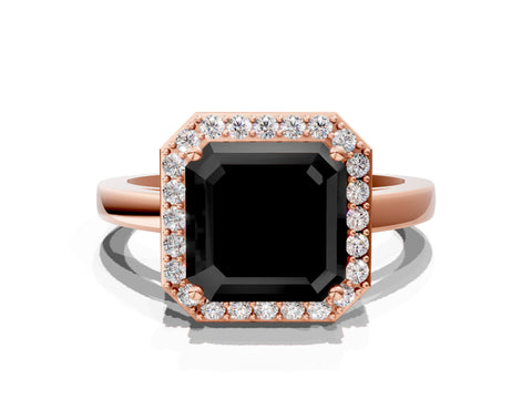 Rose gold Fancy Black Asscher Cut Halo Diamond Ring with Solitaire Band and Prong Setting