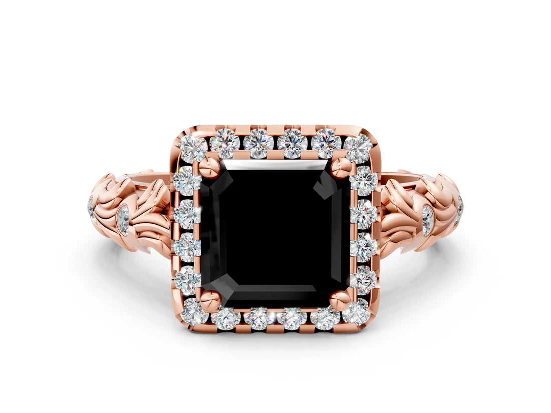 Rose gold Fancy Black Asscher Cut Halo Diamond Solitaire with Filigree Band and Four-Prong Setting