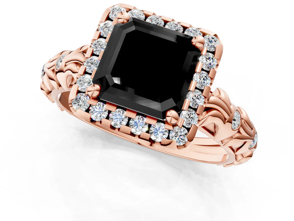 Rose Gold Asscher Cut Halo Engagement Ring Setting for Black Center with Leaf Band