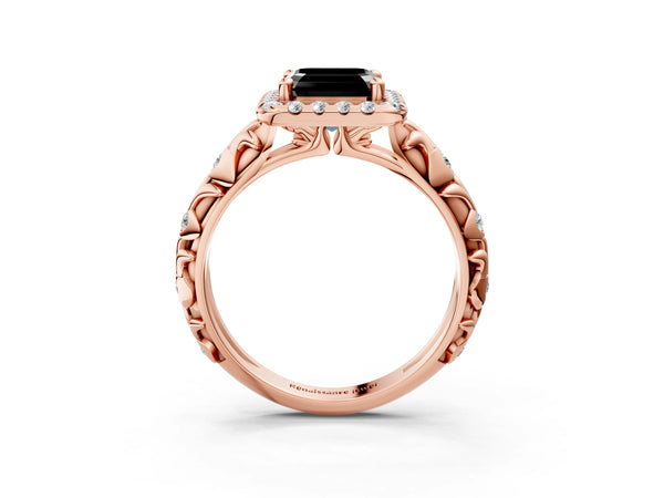 Rose Gold Asscher Cut Halo Engagement Ring Setting for Black Center with Leaf Band