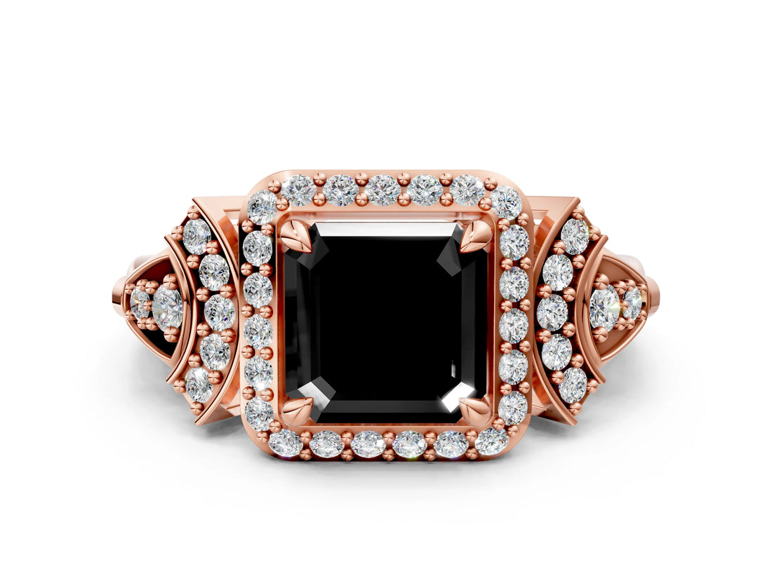 Rose gold Fancy Black Asscher Cut Halo Diamond Split Shank Engagement Ring with Four-Prong Setting