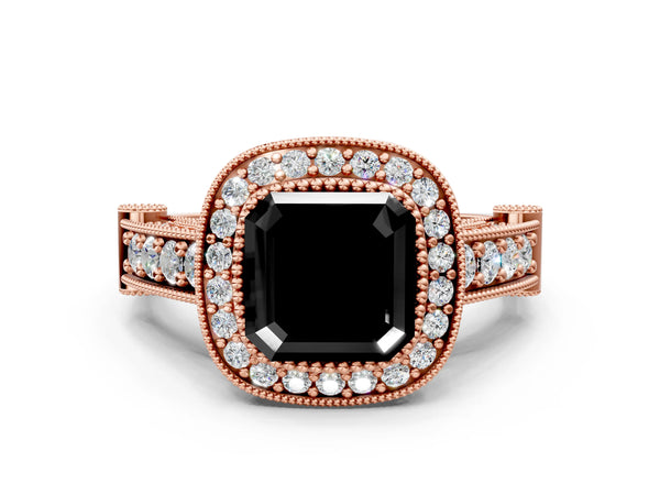 Rose Gold Asscher Cut Vintage Bezel Halo Engagement Ring Setting for Black Center
