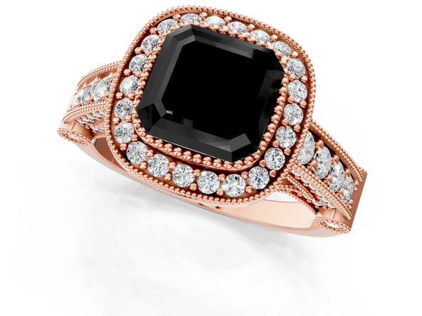 Rose Gold Asscher Cut Vintage Bezel Halo Engagement Ring Setting for Black Center
