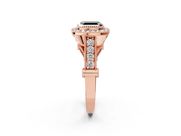 Rose Gold Asscher Cut Vintage Bezel Halo Engagement Ring Setting for Black Center
