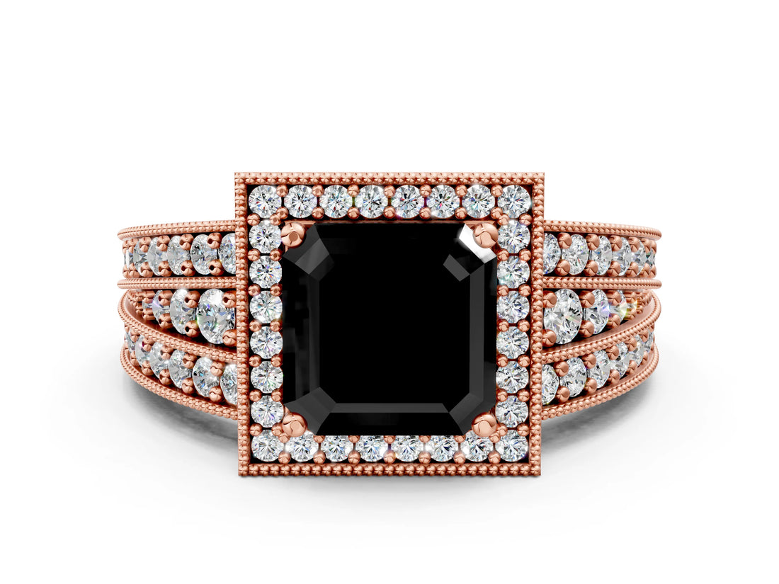 Rose gold Fancy Black Asscher Cut Halo Diamond Split Shank Ring with Prong Setting