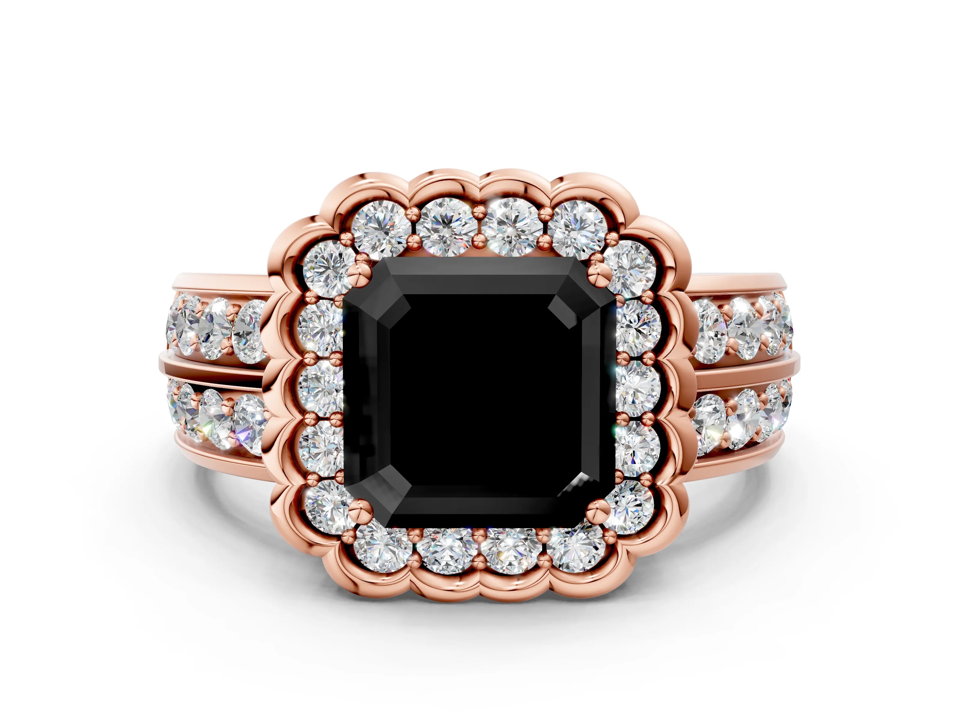 Rose gold Fancy Black Asscher Cut Halo Diamond Split Shank Ring with Scalloped Prong Setting