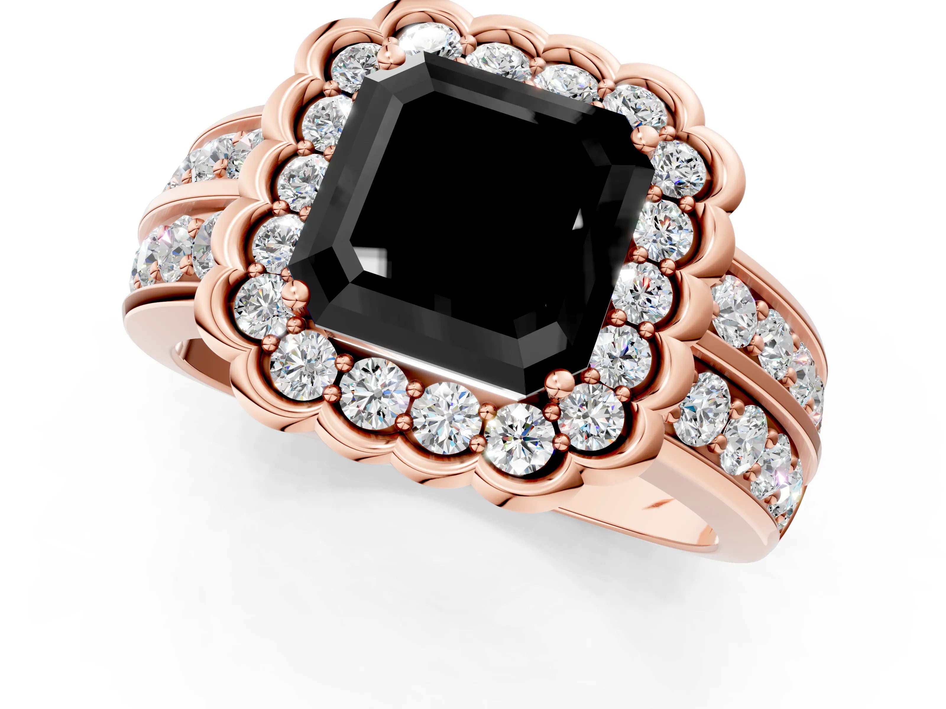 Rose gold Fancy Black Asscher Cut Halo Diamond Split Shank Ring with Scalloped Prong Setting_1