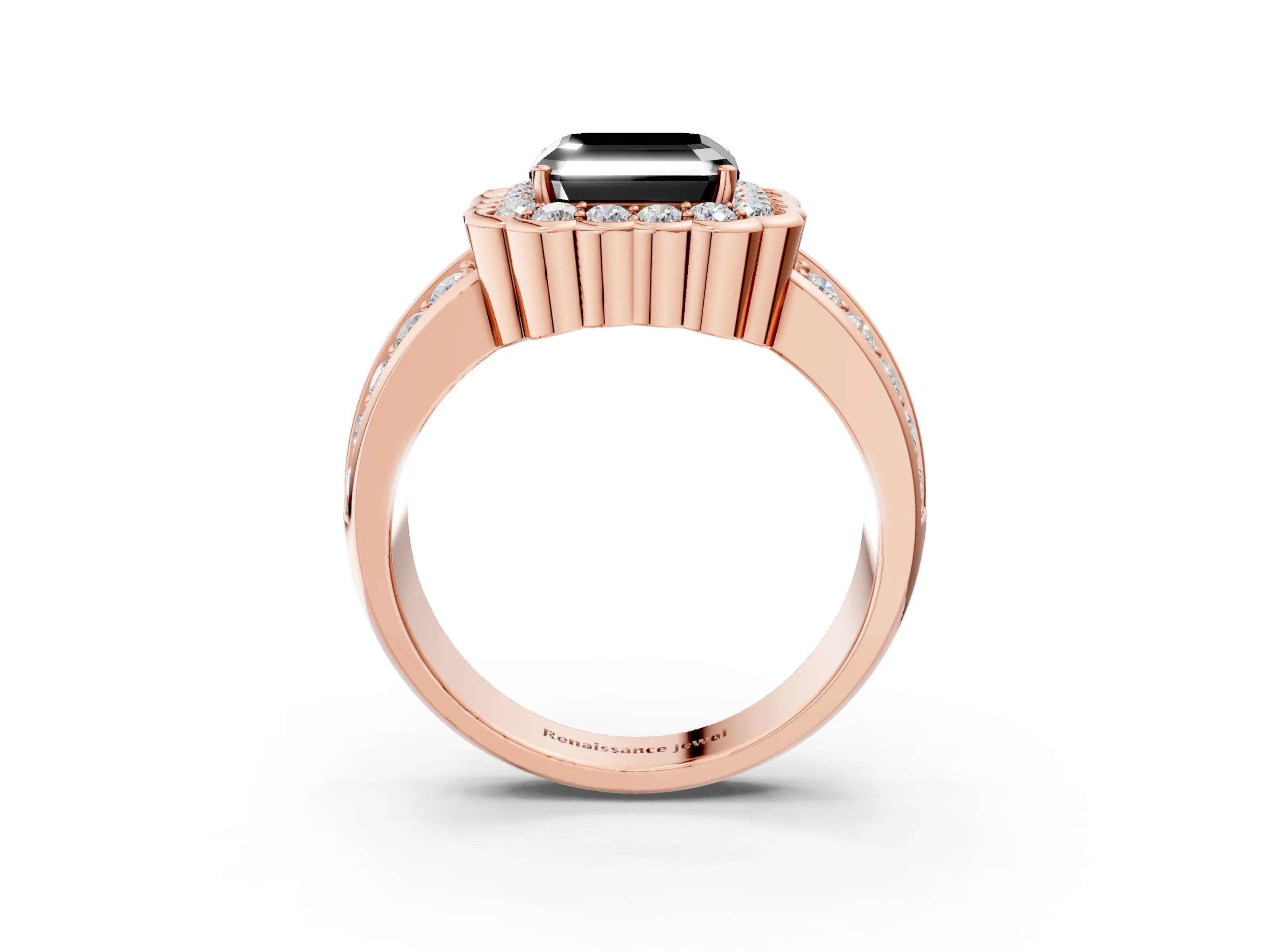 Rose gold Fancy Black Asscher Cut Halo Diamond Split Shank Ring with Scalloped Prong Setting_3