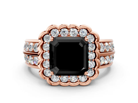 Rose gold Fancy Black Asscher Cut Halo Diamond Split Shank Ring with Scalloped Prong Setting