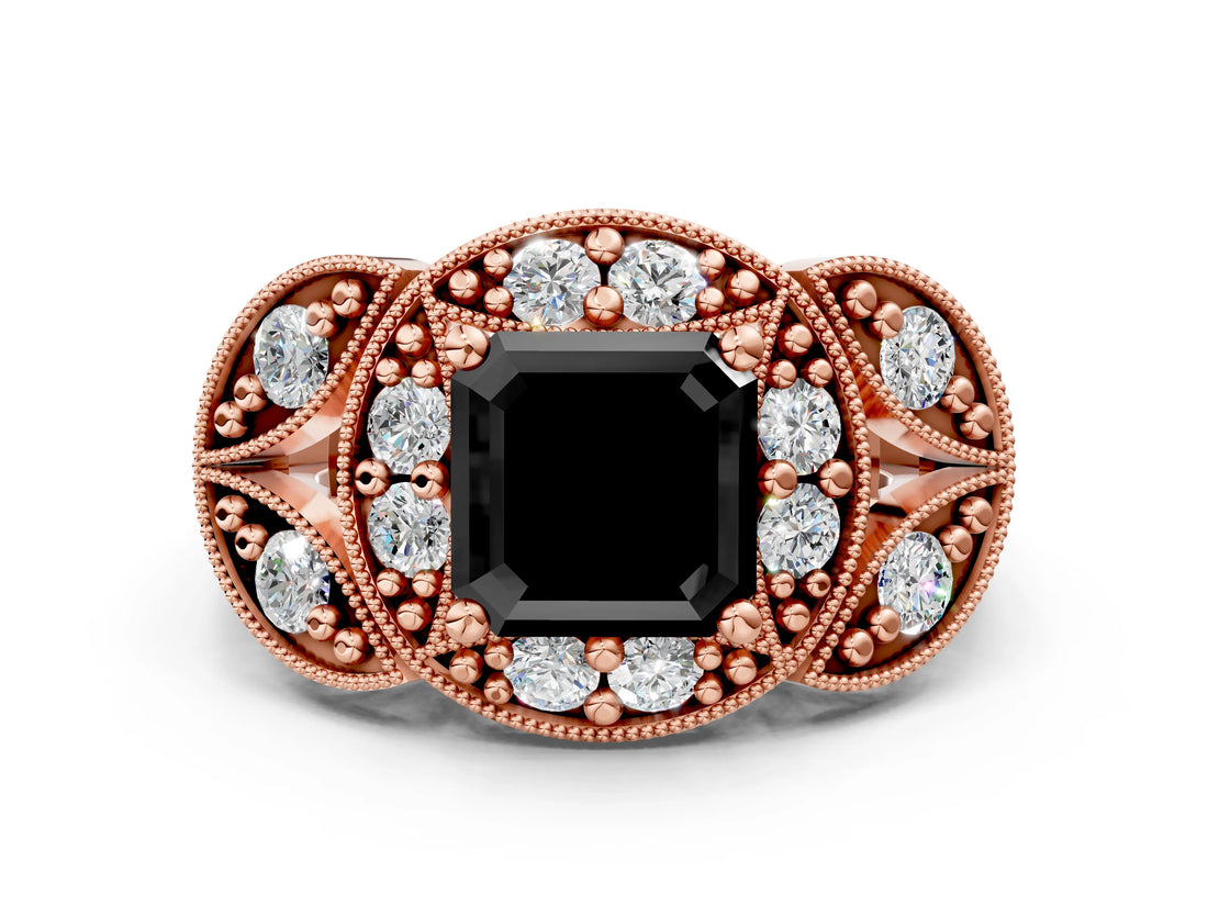 Rose gold Fancy Black Asscher Cut Halo Milgrain Diamond Engagement Ring with Leaf Band and Four-Prong Setting