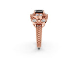 Rose gold Fancy Black Asscher Cut Halo Milgrain Diamond Engagement Ring with Leaf Band and Four-Prong Setting_2
