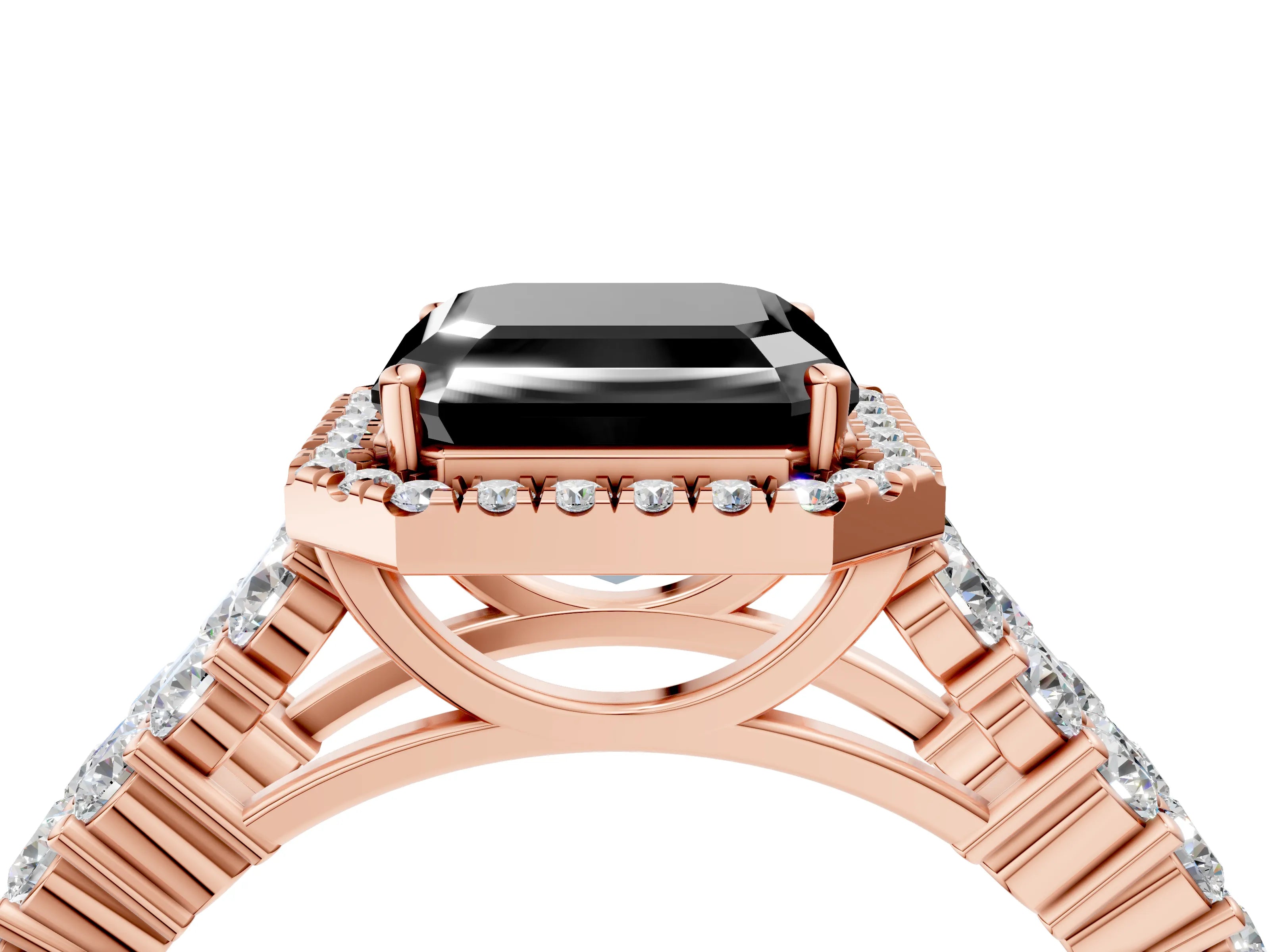 Rose gold Fancy Black Asscher Cut Halo Pavé Diamond Engagement Ring with Split Shank and Four-Prong Setting_7