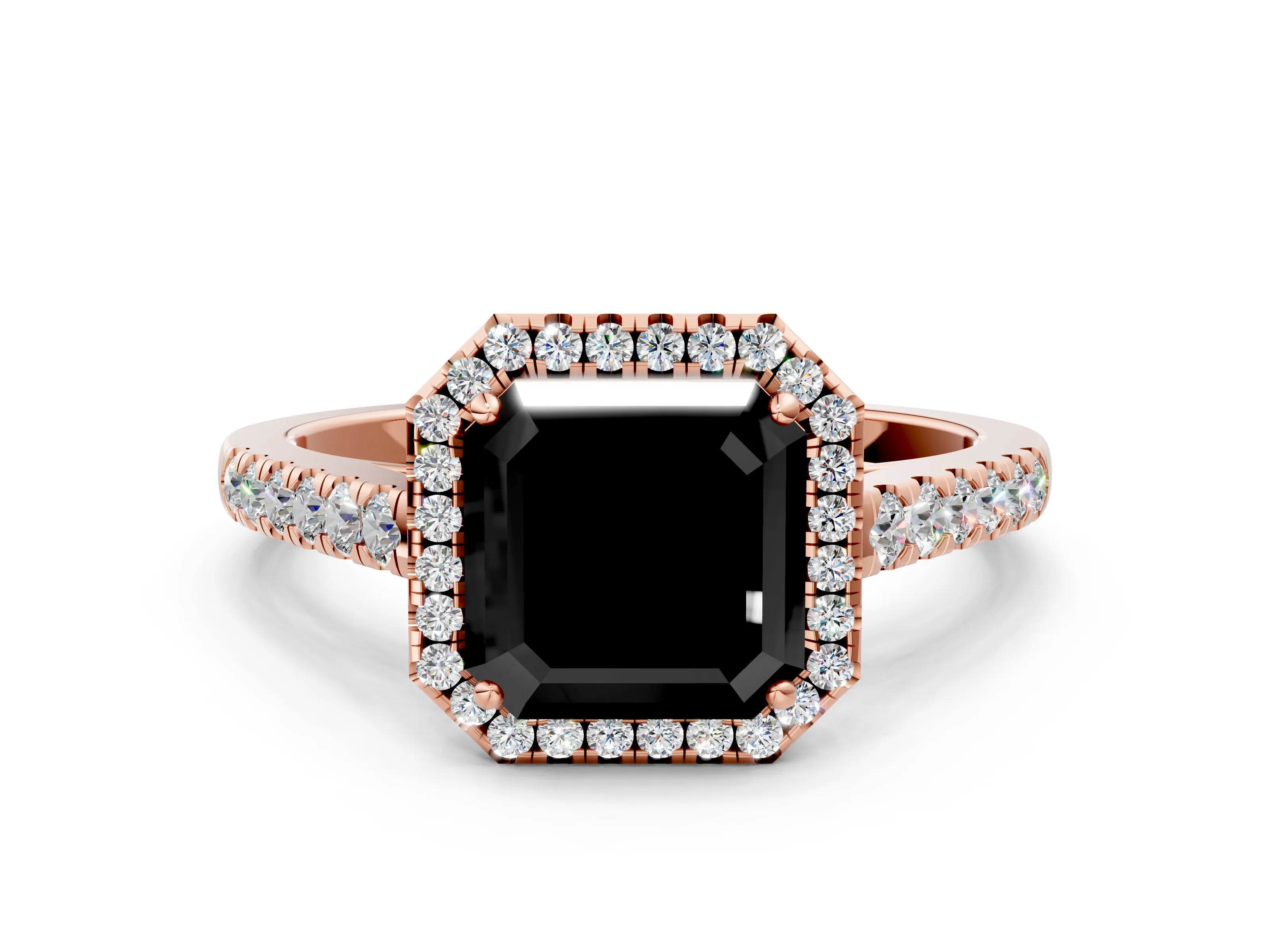 Rose gold Fancy Black Asscher Cut Halo Pave Diamond Engagement Ring with Four-Prong Setting