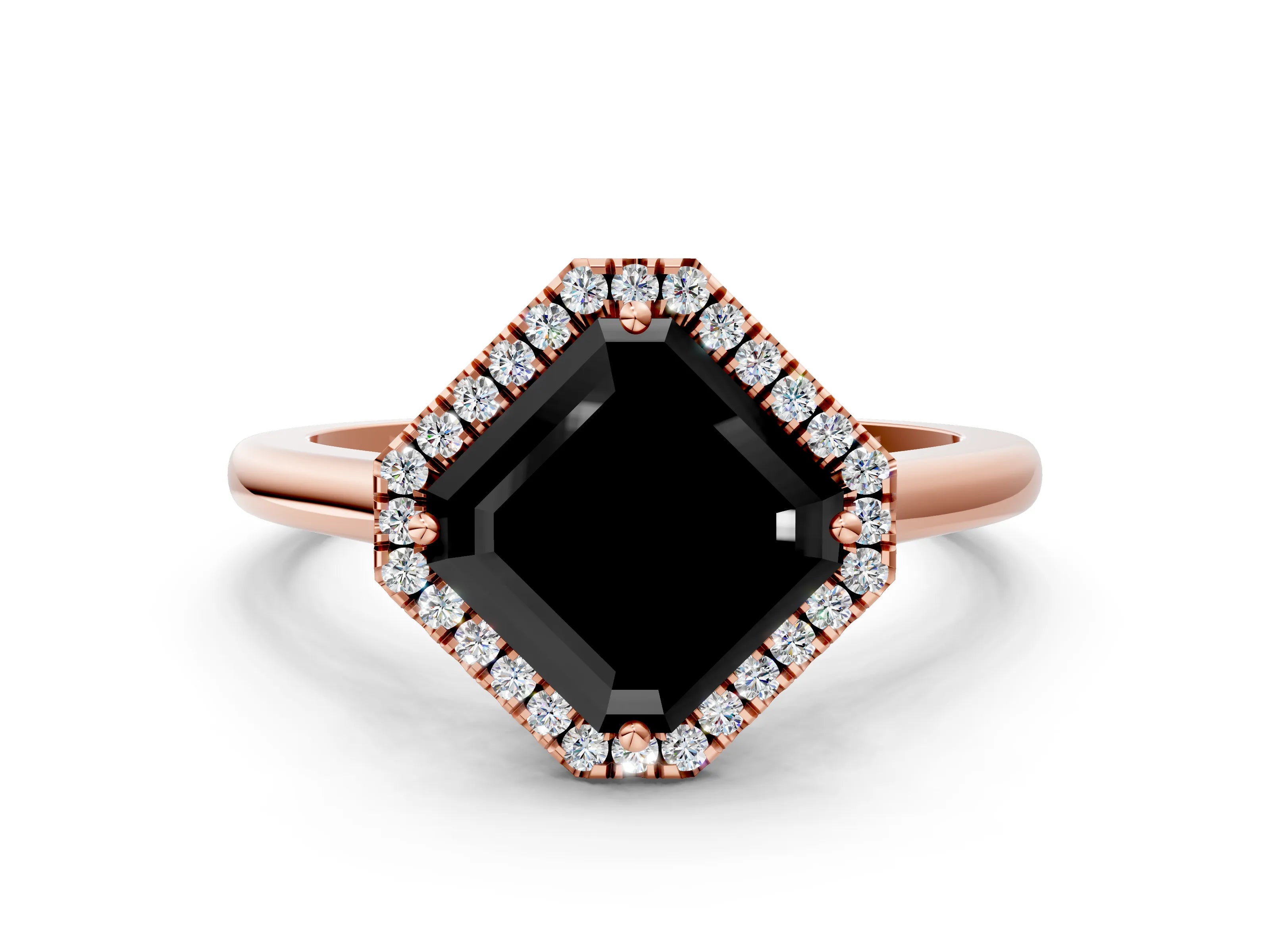 Rose gold Fancy Black Asscher Cut Halo Round Diamond Solitaire Engagement Ring with Pave Band and Four-Prong Setting_12