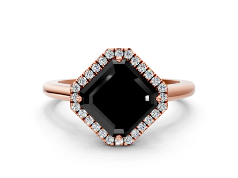 Rose gold Fancy Black Asscher Cut Halo Round Diamond Solitaire Engagement Ring with Pave Band and Four-Prong Setting_12