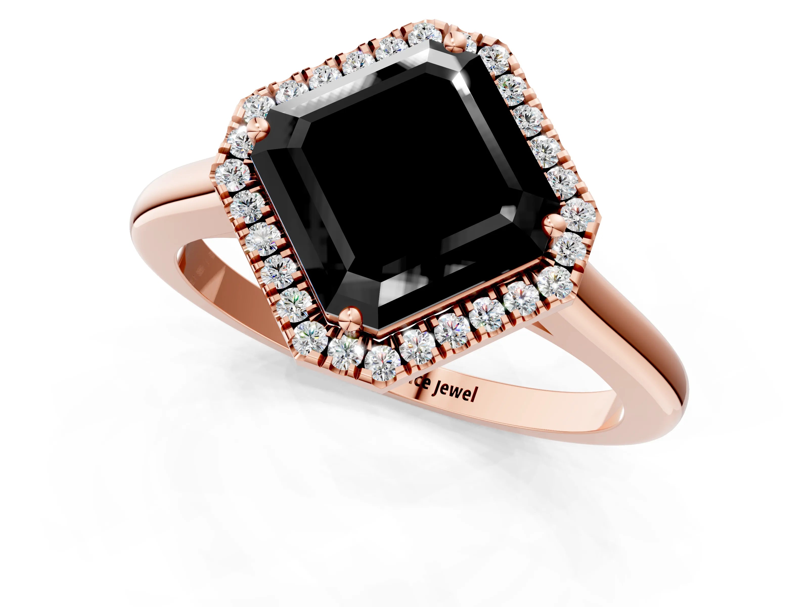 Rose gold Fancy Black Asscher Cut Halo Round Diamond Solitaire Engagement Ring with Pave Band and Four-Prong Setting_13