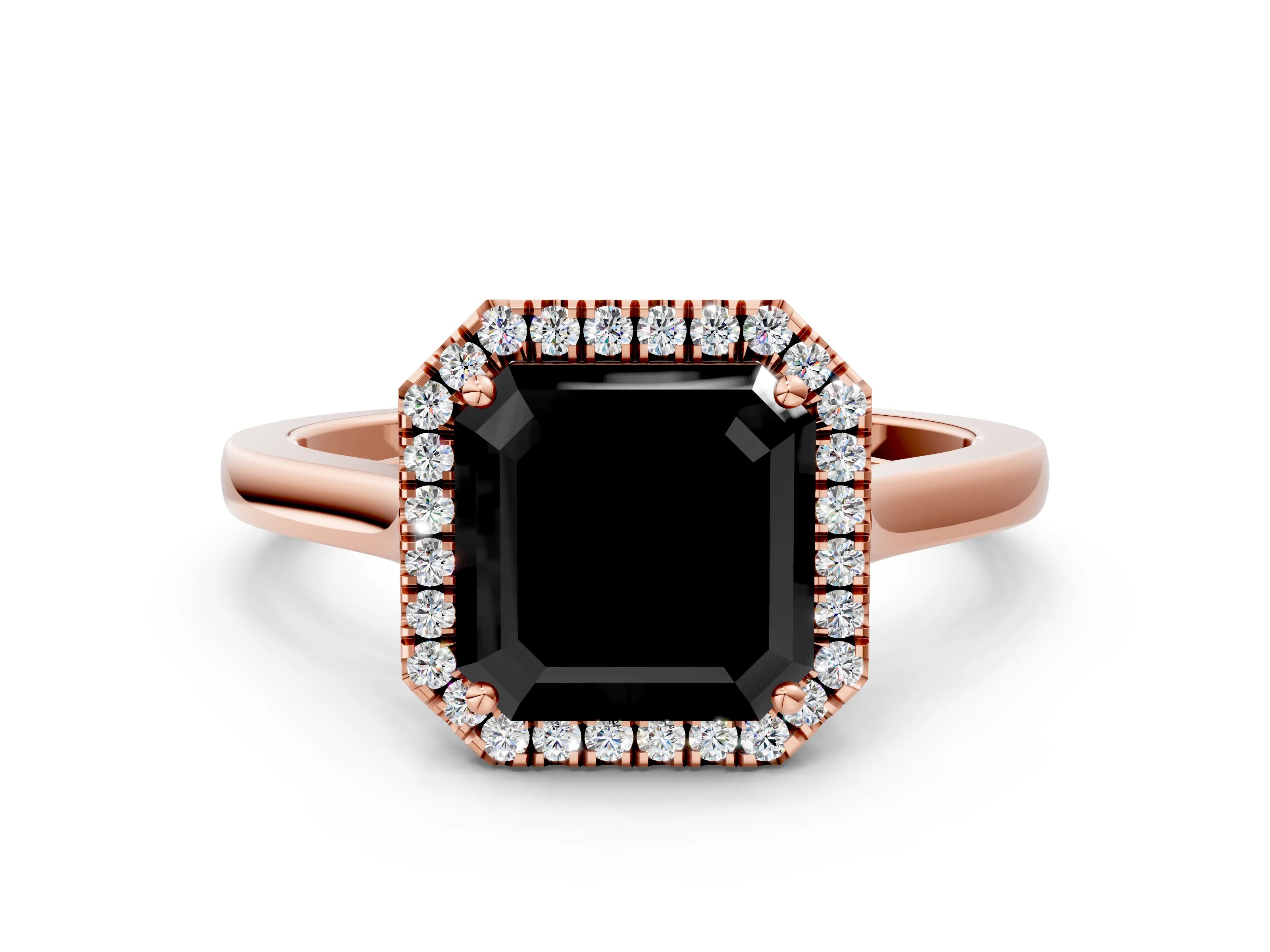 Rose gold Fancy Black Asscher Cut Halo Round Diamond Solitaire Ring with Pavé Band and Four-Prong Setting