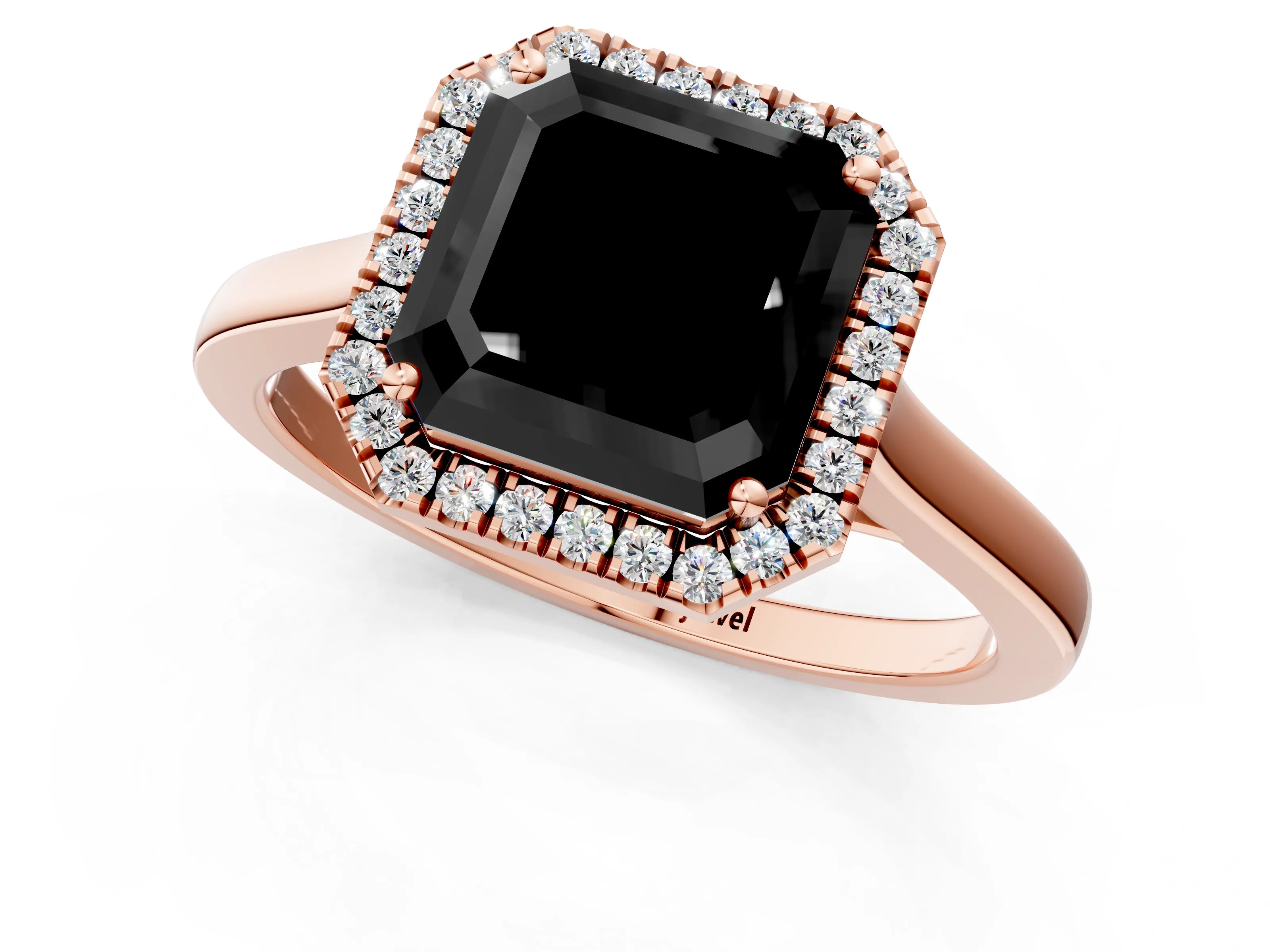 Rose gold Fancy Black Asscher Cut Halo Round Diamond Solitaire Ring with Pavé Band and Four-Prong Setting_1