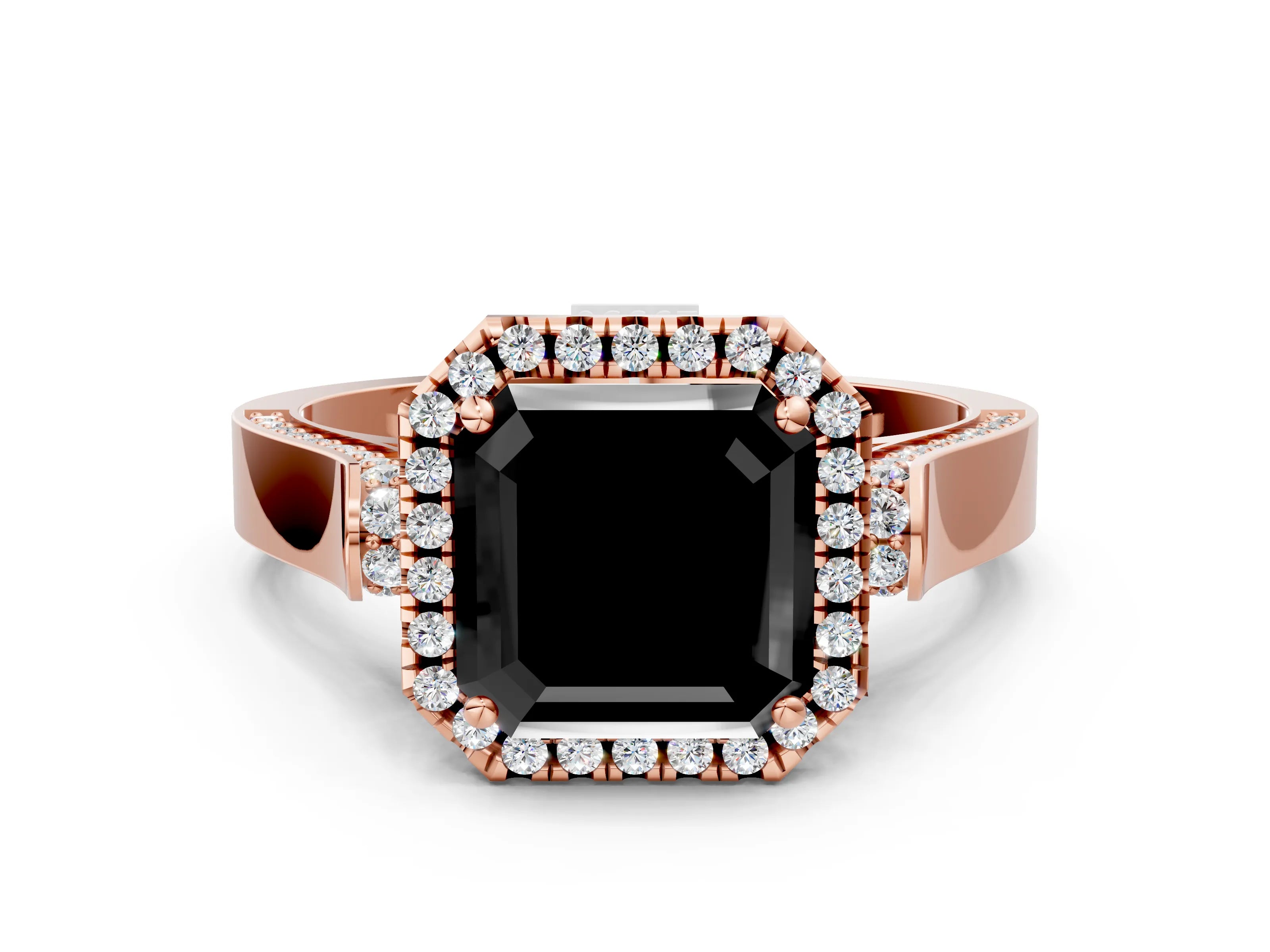 Rose gold Fancy Black Asscher Cut Halo Round Diamond Twist Band with Four-Prong Setting_12