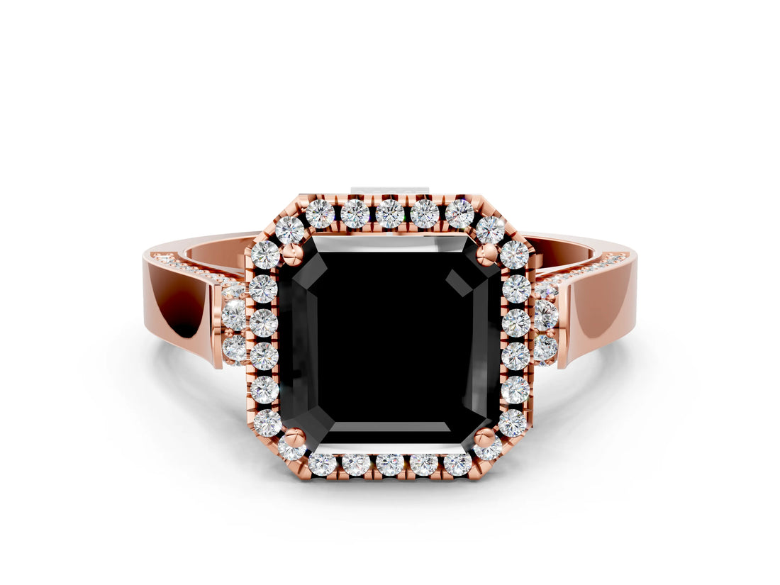 Rose gold Fancy Black Asscher Cut Halo Round Diamond Twist Band with Four-Prong Setting_12