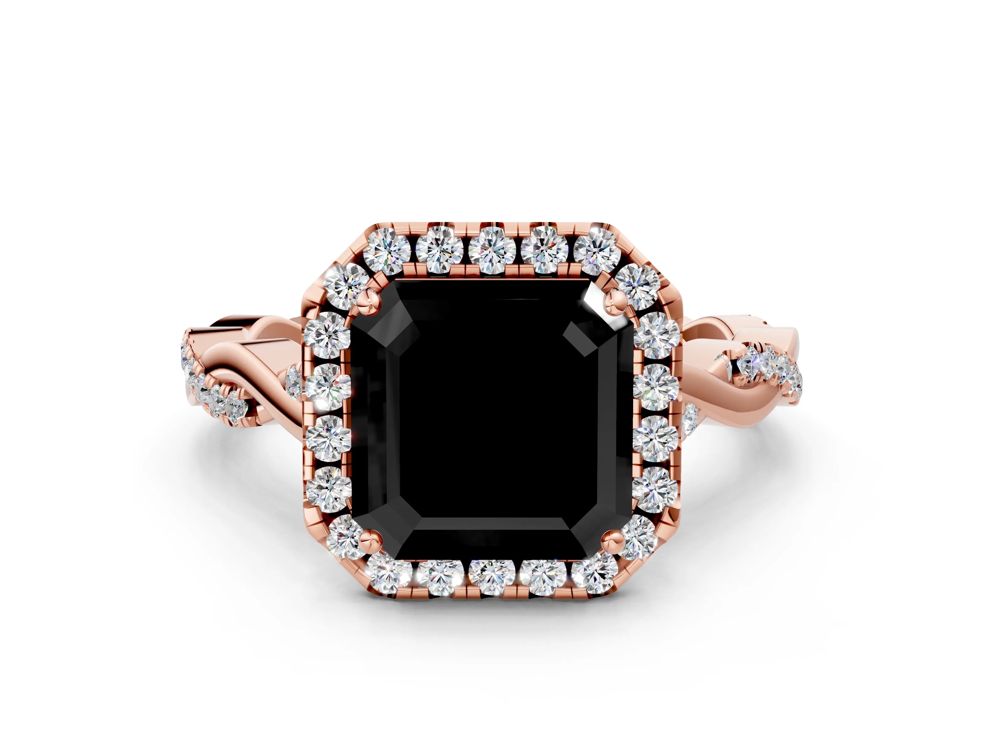 Rose gold Fancy Black Asscher Cut Halo Twist Band with Four-Prong Setting