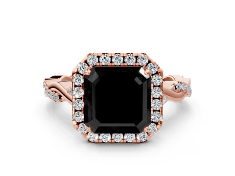 Rose gold Fancy Black Asscher Cut Halo Twist Band with Four-Prong Setting