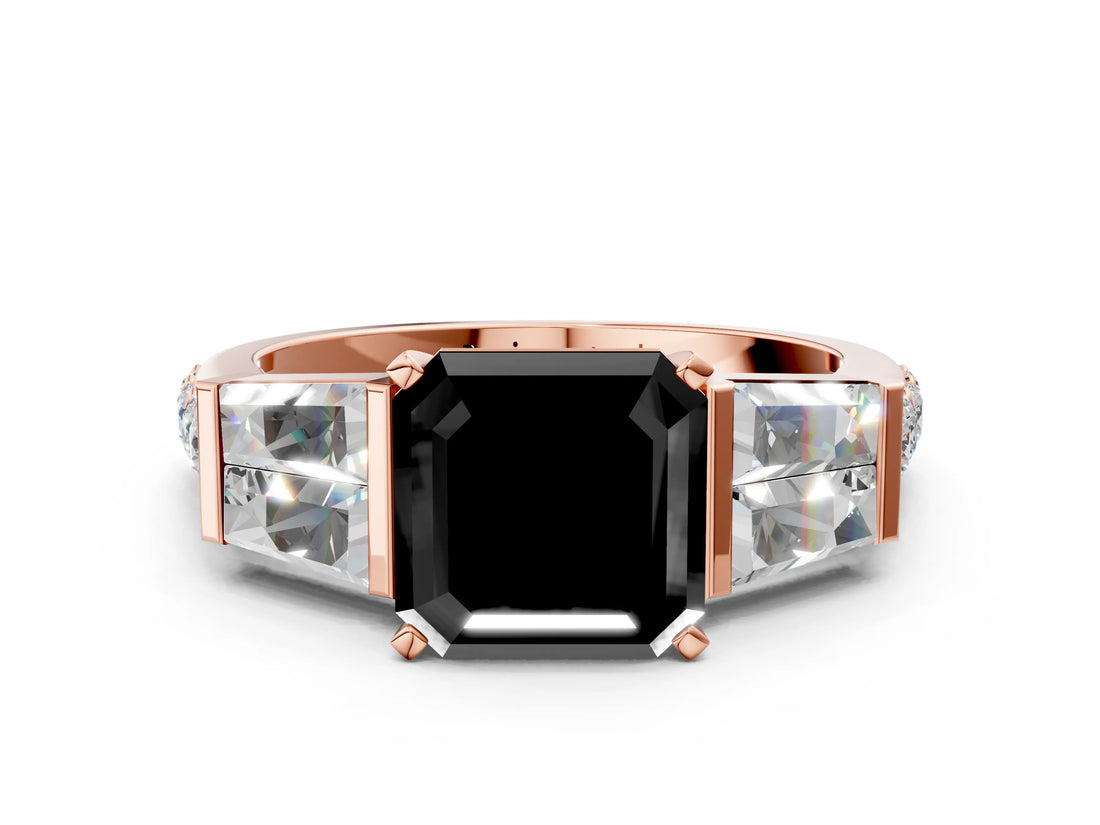 Rose gold Fancy Black Asscher Cut Solitaire Baguette Side Stone Channel Set Engagement Ring
