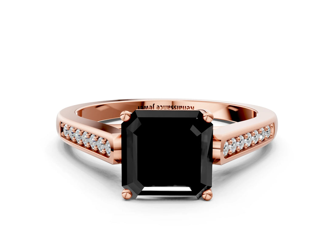 Rose gold Fancy Black Asscher Cut Solitaire Cathedral Diamond Engagement Ring with Channel-Set Band and Four-Prong Setting_3