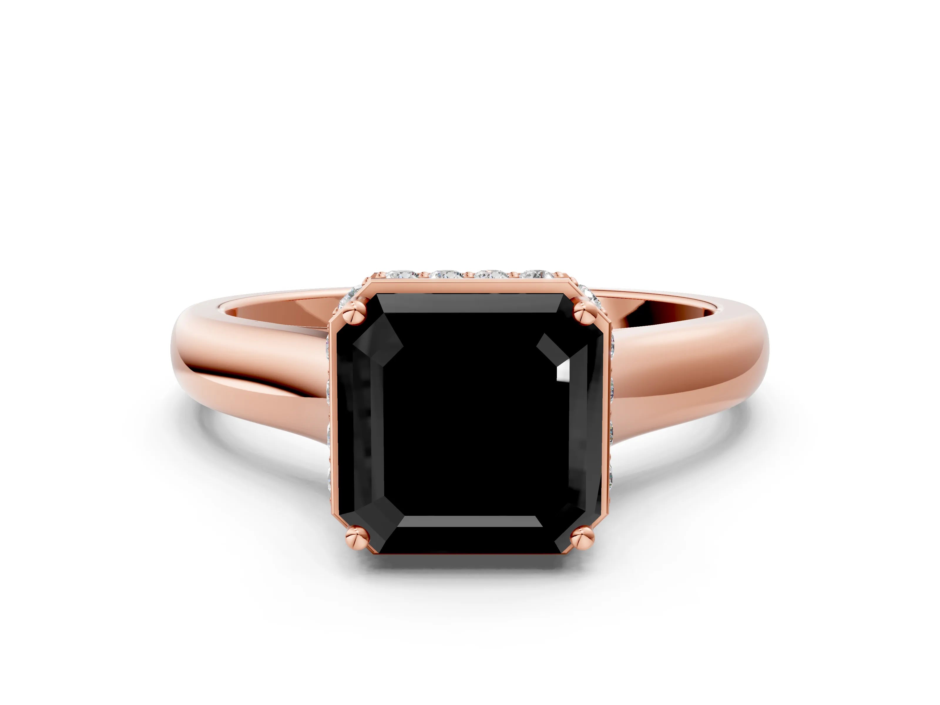 Rose gold Fancy Black Asscher Cut Solitaire Diamond Engagement Ring with Four-Prong Setting and Tapered Band