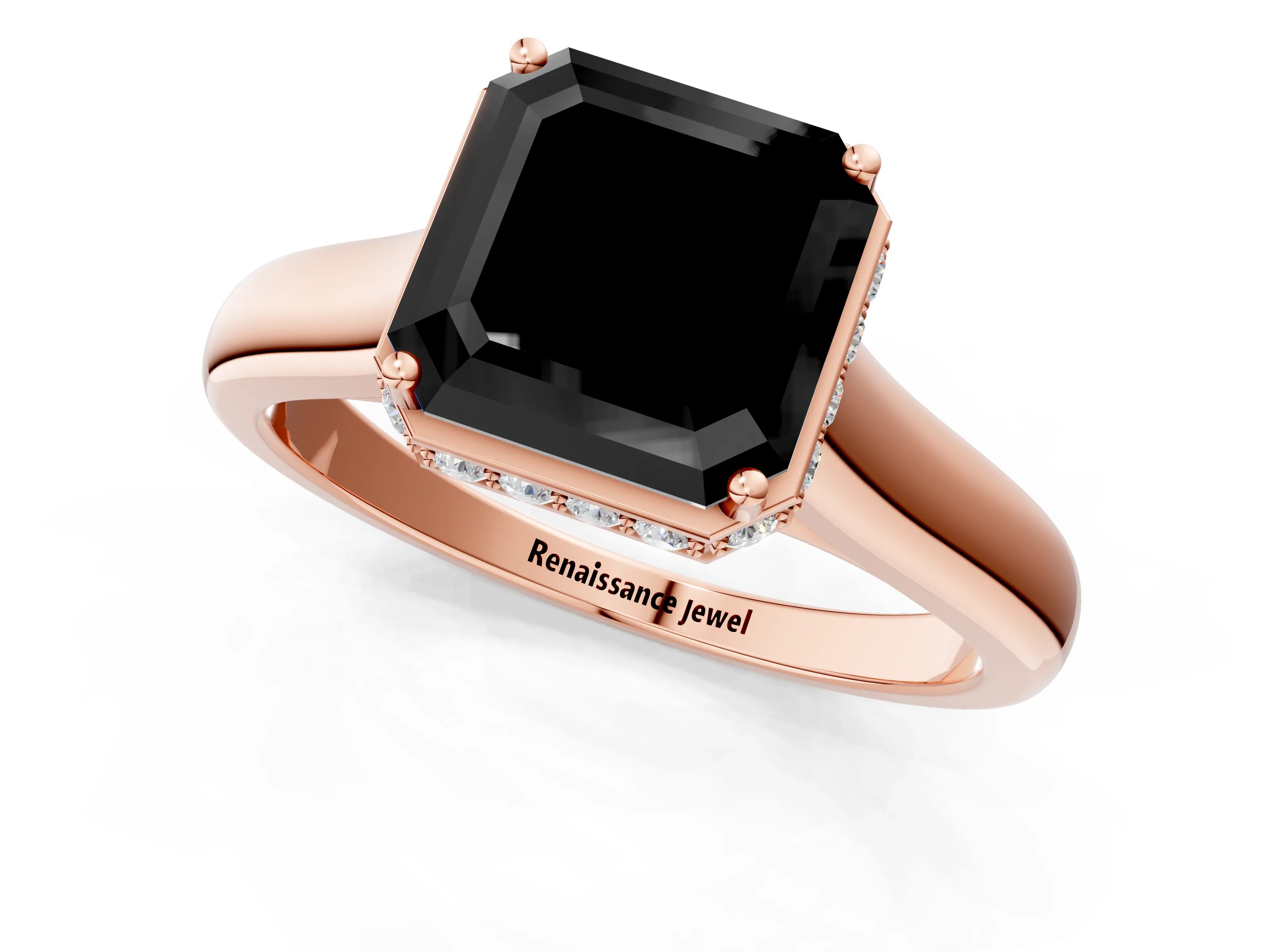 Rose gold Fancy Black Asscher Cut Solitaire Diamond Engagement Ring with Four-Prong Setting and Tapered Band_1