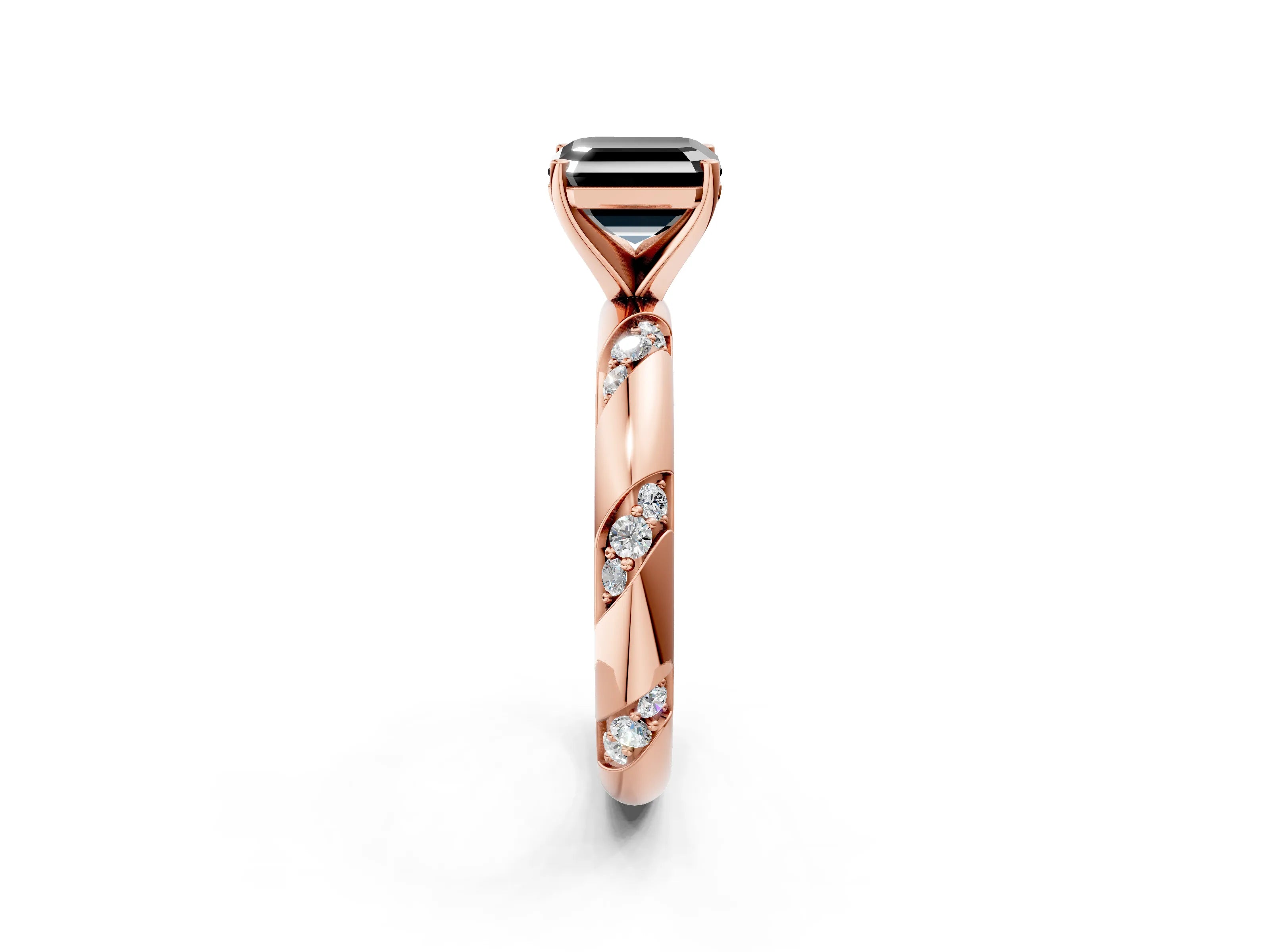 Rose gold Fancy Black Asscher Cut Solitaire Diamond Engagement Ring with Twisted Pave Band and Four-Prong Setting_5
