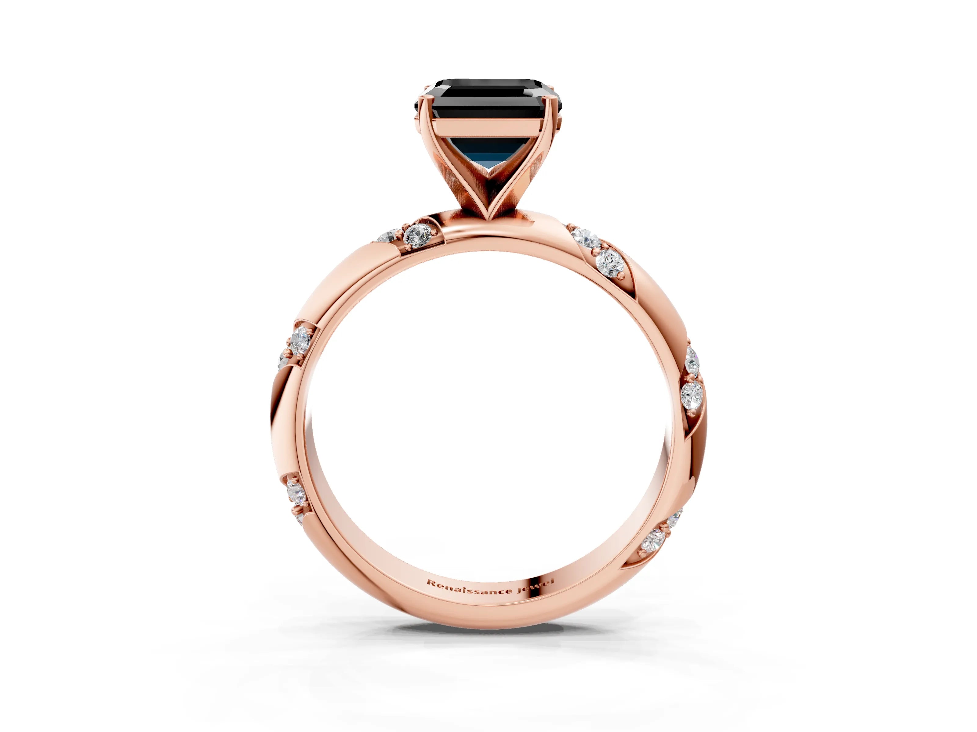Rose gold Fancy Black Asscher Cut Solitaire Diamond Engagement Ring with Twisted Pave Band and Four-Prong Setting_6