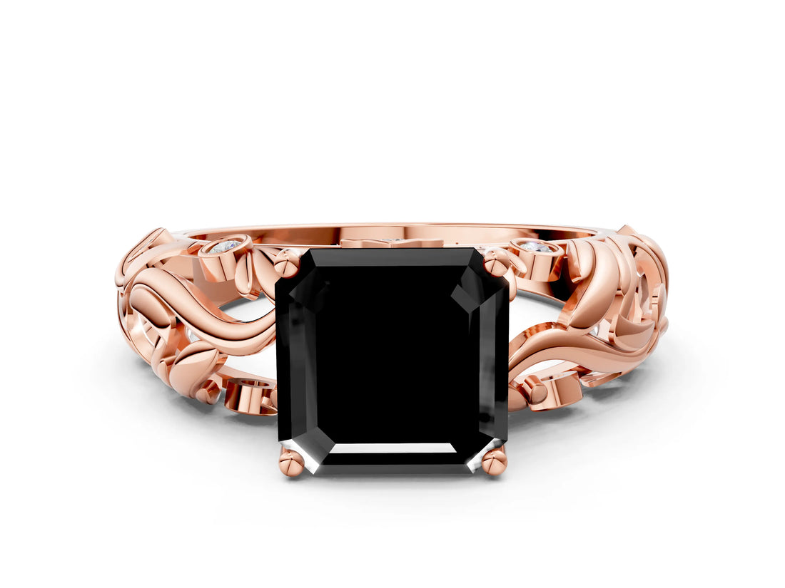 Rose gold Fancy Black Asscher Cut Solitaire Diamond Leaf-Inspired Vine Band Ring with Prong Setting
