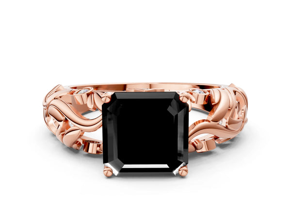 Rose Gold Asscher Cut Leaf Vine Solitaire Engagement Ring Setting for Black Center
