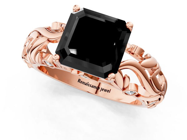 Rose Gold Asscher Cut Leaf Vine Solitaire Engagement Ring Setting for Black Center