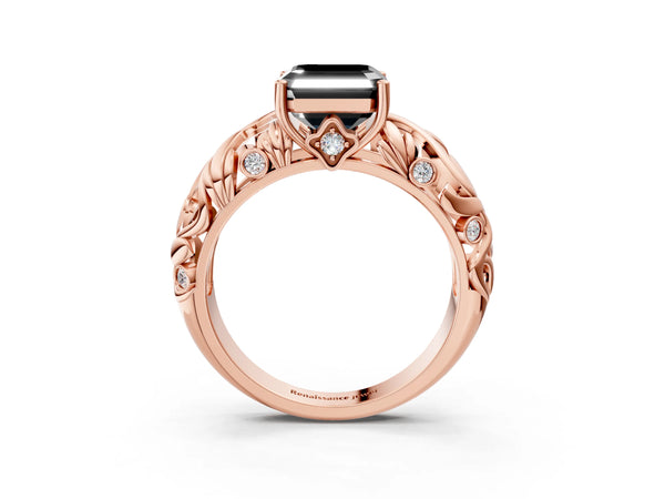 Rose Gold Asscher Cut Leaf Vine Solitaire Engagement Ring Setting for Black Center