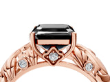 Rose gold Fancy Black Asscher Cut Solitaire Diamond Leaf-Inspired Vine Band Ring with Prong Setting_4