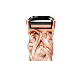 Rose gold Fancy Black Asscher Cut Solitaire Diamond Leaf-Inspired Vine Band Ring with Prong Setting_5