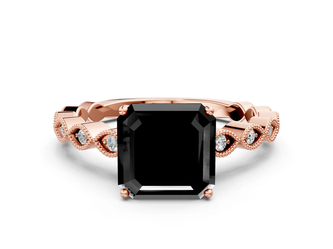 Rose gold Fancy Black Asscher Cut Solitaire Diamond Ring with Infinity Twist Band and Four-Prong Setting