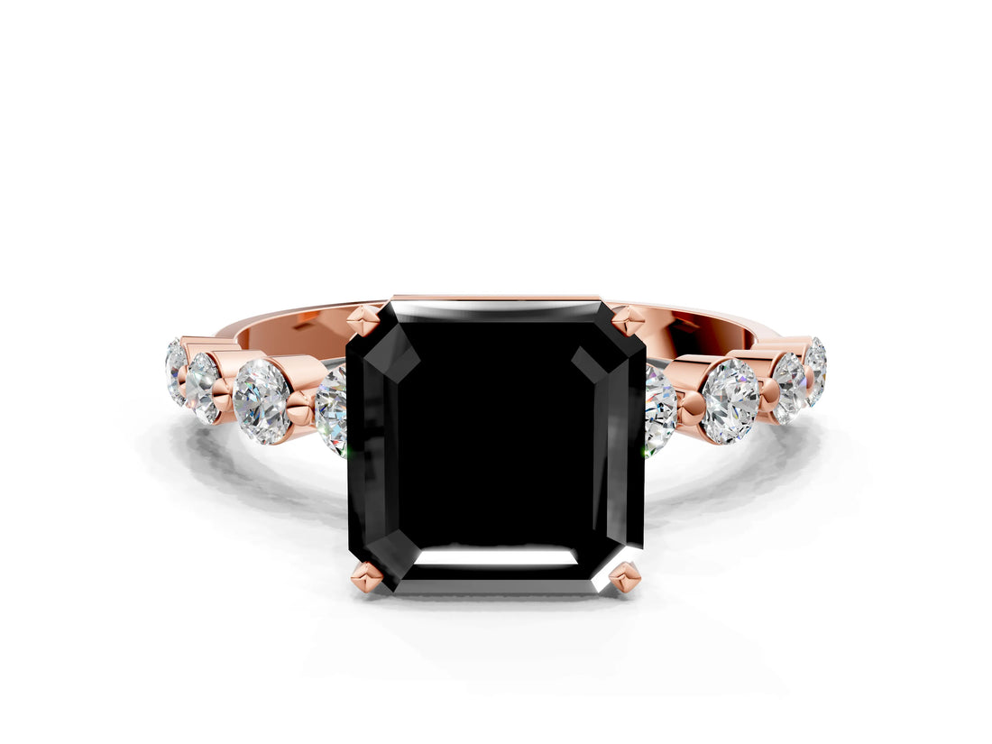 Rose gold Fancy Black Asscher Cut Solitaire Diamond Ring with Pave Band and Four-Prong Setting