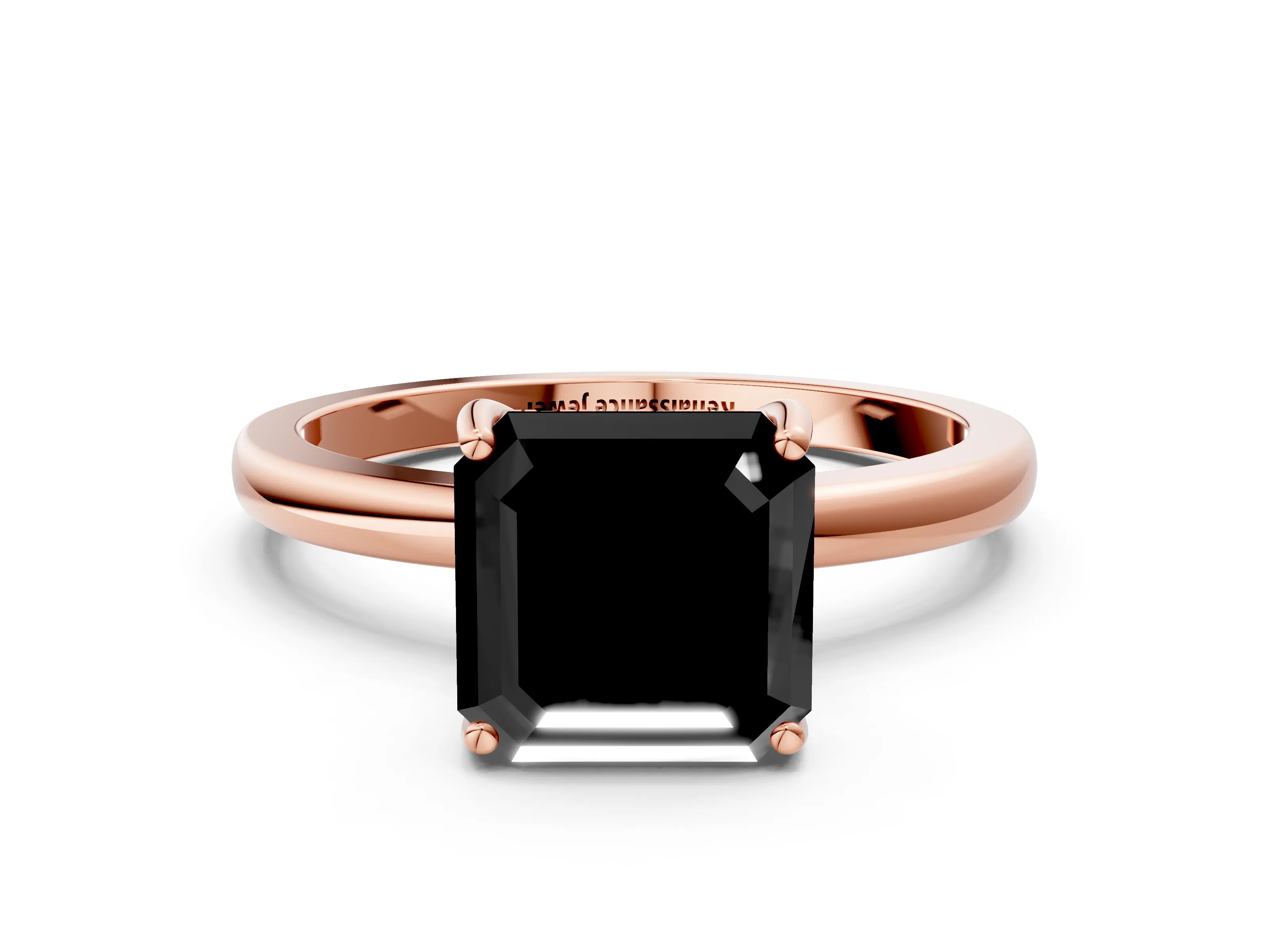 Rose gold Fancy Black Asscher Cut Solitaire Diamond Ring with Prong Setting and Plain Band