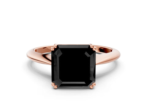Rose gold Fancy Black Asscher Cut Solitaire Diamond Ring with Six-Prong Setting and Classic Band