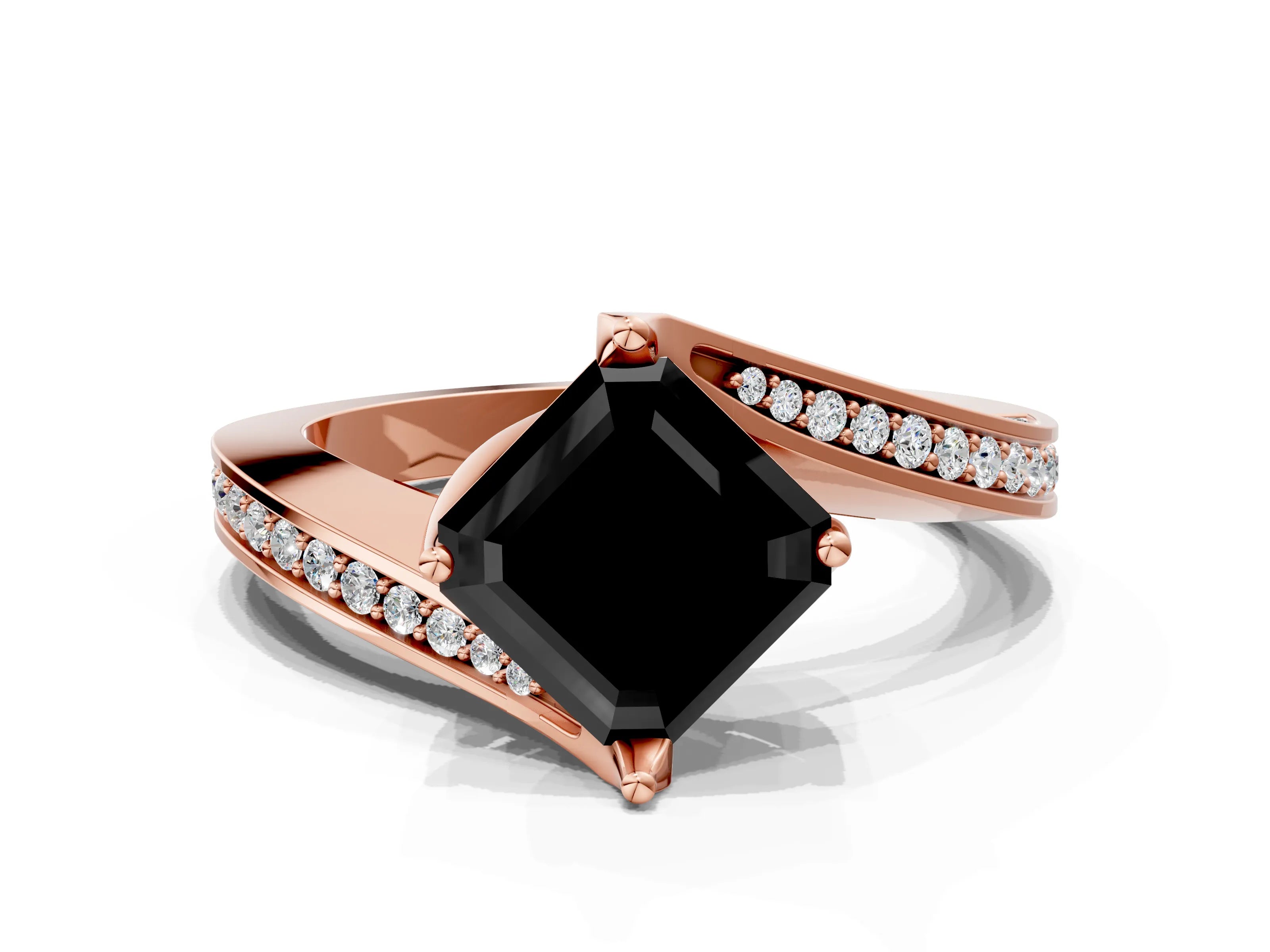 Rose gold Fancy Black Asscher Cut Solitaire Diamond Twist Band with Pavé Setting and Four-Prong Setting
