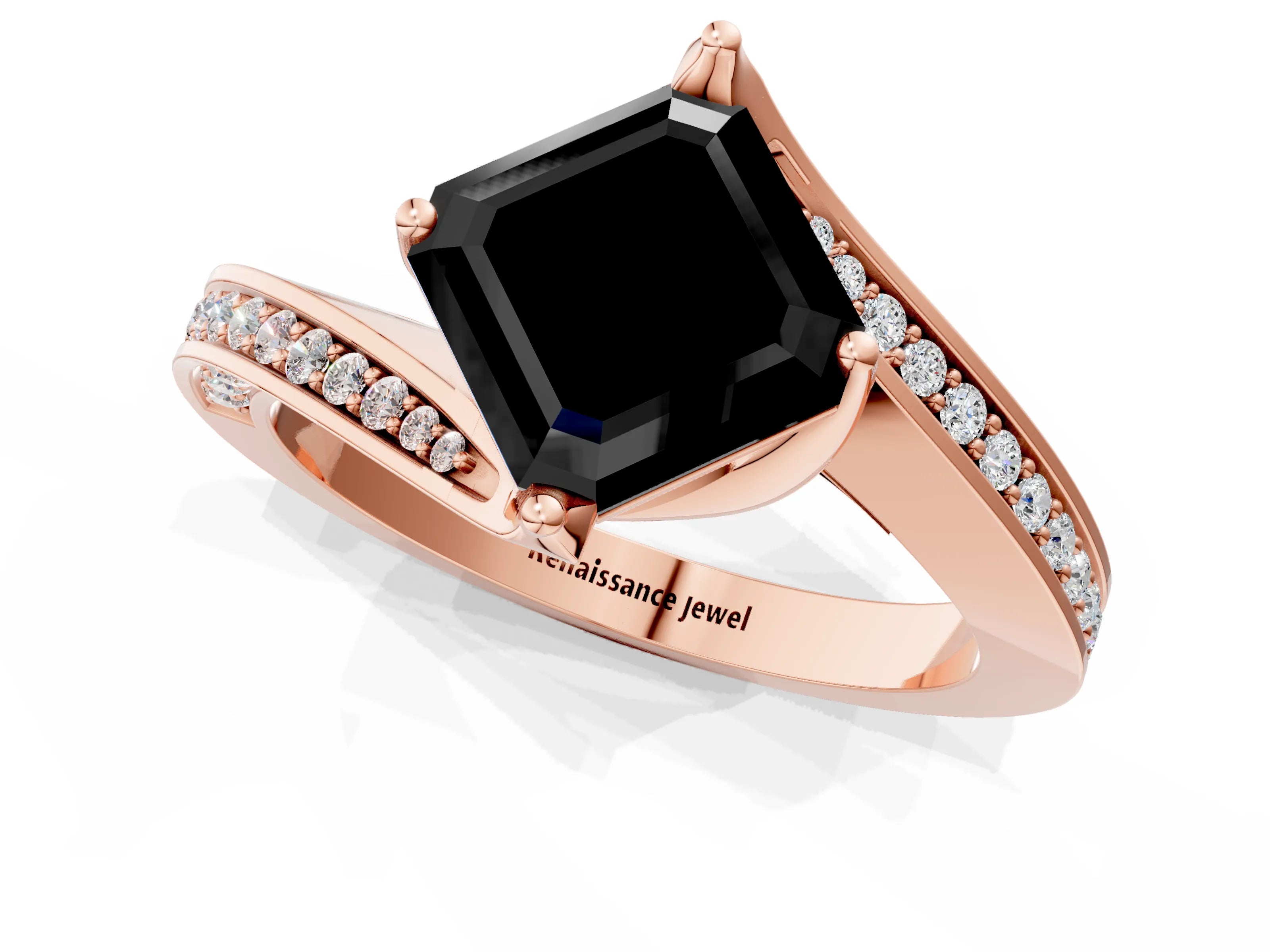 Rose gold Fancy Black Asscher Cut Solitaire Diamond Twist Band with Pavé Setting and Four-Prong Setting_1