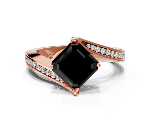 Rose gold Fancy Black Asscher Cut Solitaire Diamond Twist Band with Pavé Setting and Four-Prong Setting