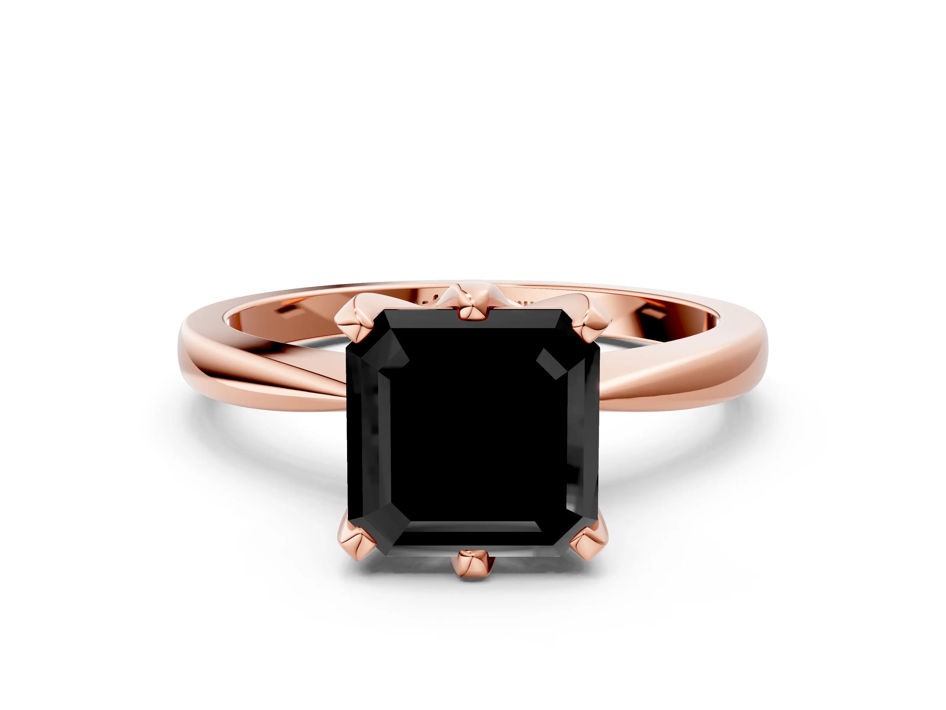 Rose gold Fancy Black Asscher Cut Solitaire Engagement Ring with Six-Prong Setting and Tapered Band