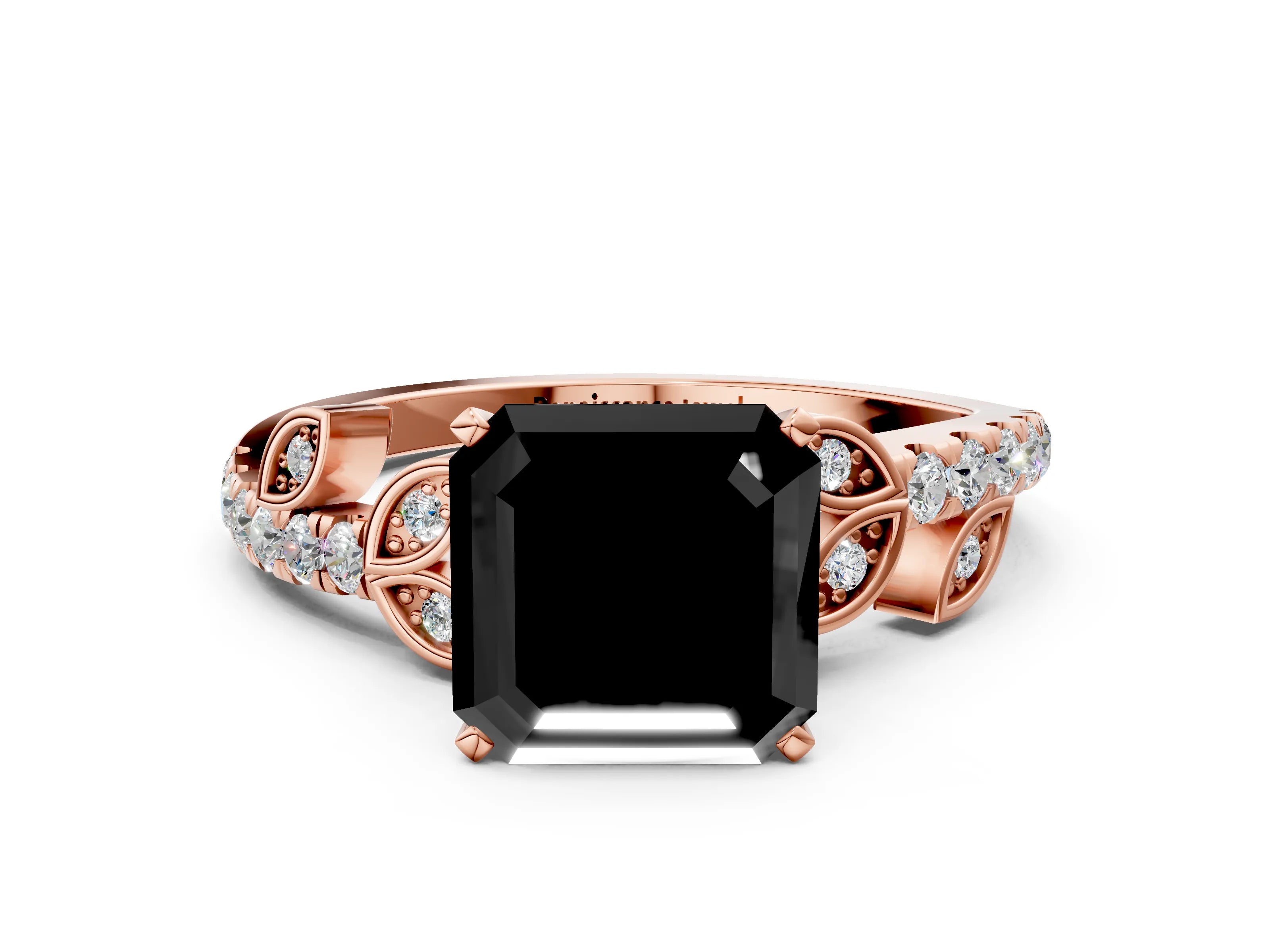 Rose gold Fancy Black Asscher Cut Solitaire Leaf-Inspired Diamond Ring with Pavé Band and Four-Prong Setting