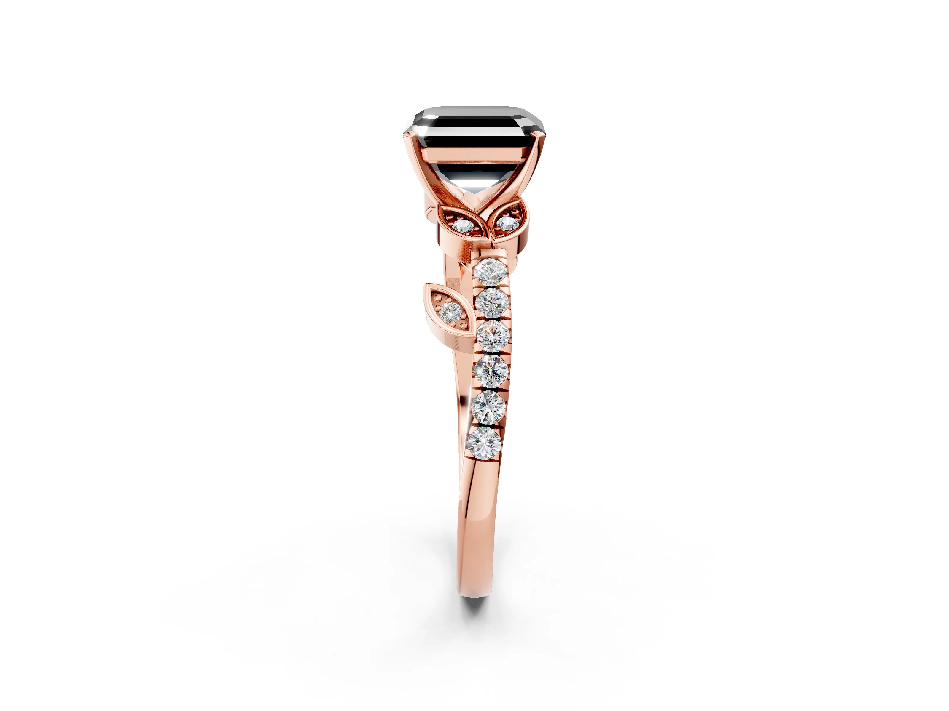 Rose gold Fancy Black Asscher Cut Solitaire Leaf-Inspired Diamond Ring with Pavé Band and Four-Prong Setting_2