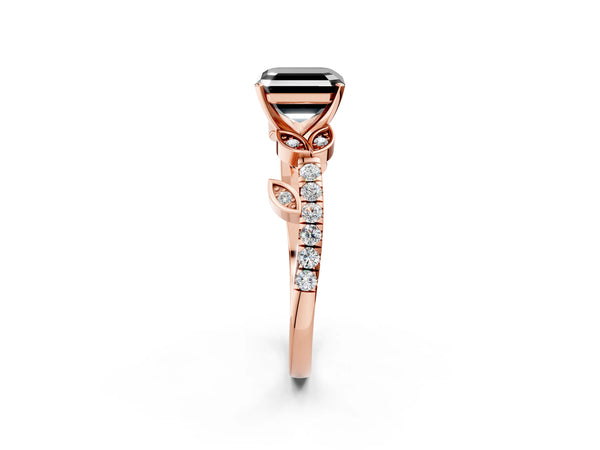 Rose Gold Asscher Cut Leaf Solitaire Engagement Ring Setting for Black Center with Pave Band
